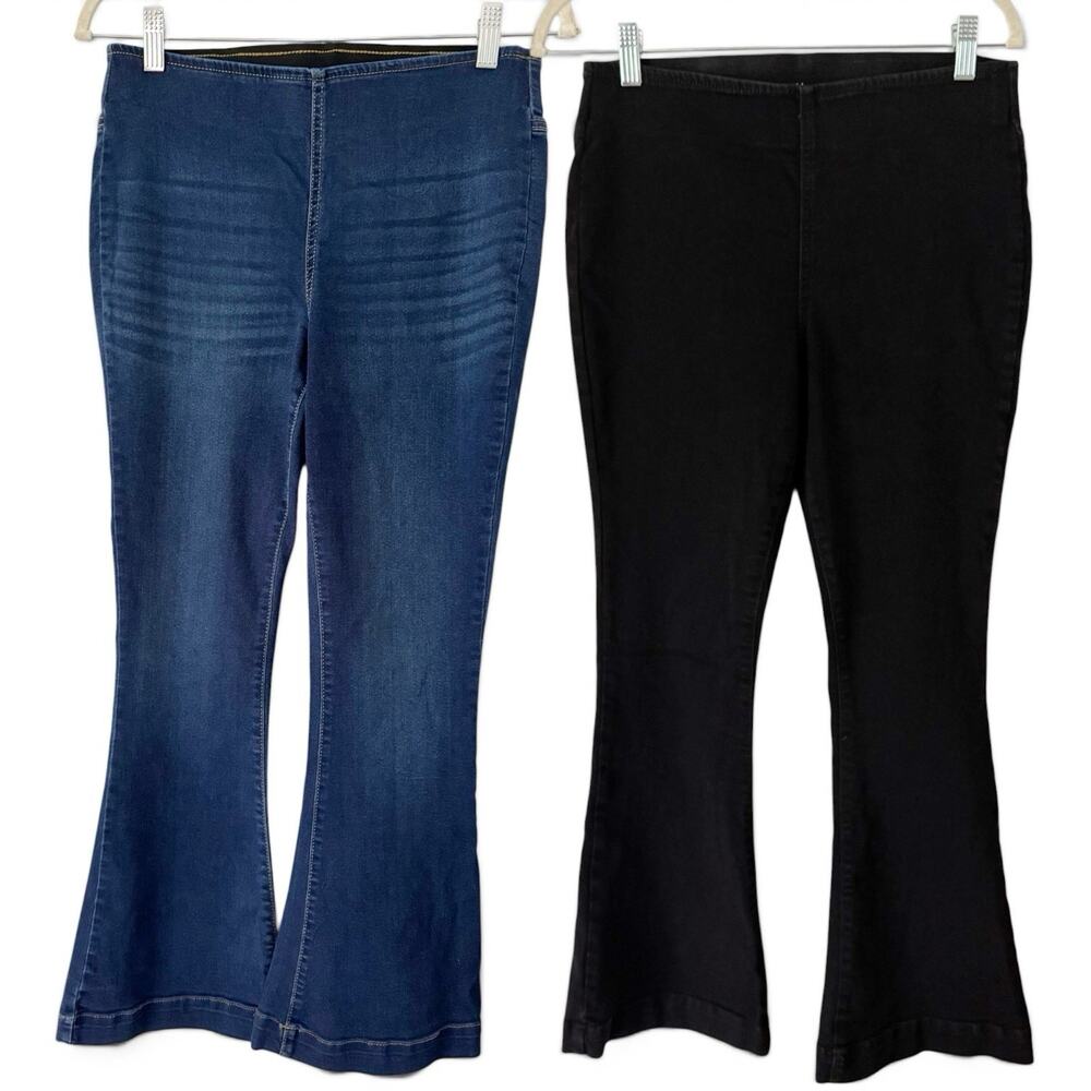 INC Denim Pull On Flare Jeans Size 8 Petite X2 Black/Blue Stretchy Elastic Waist